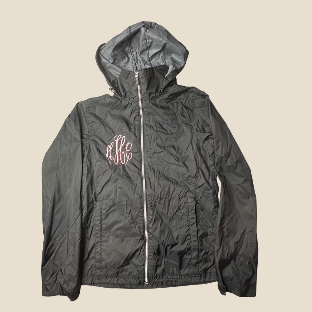 Columbia Windbreaker Womens S Black Hooded Full Zip Monogrammed Jacket Outdoor